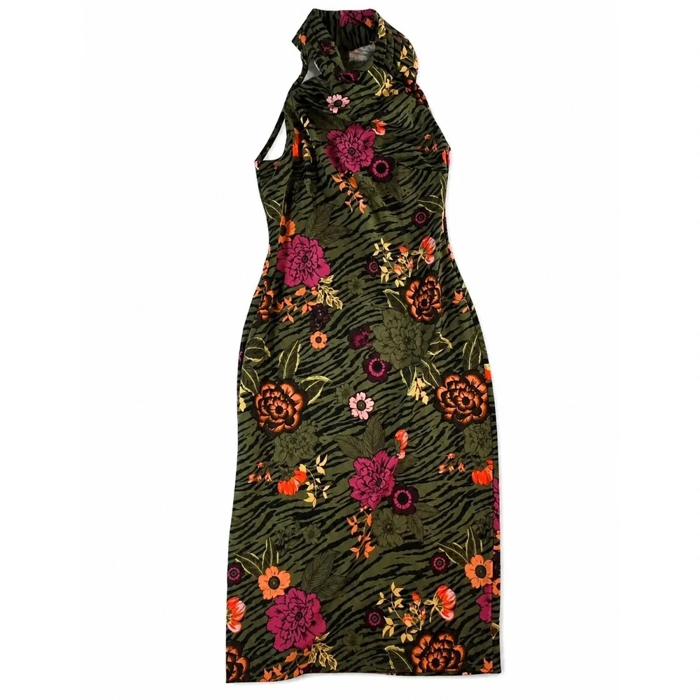 Rachel‎ Rachel Roy Womens Med Olive Floral Tiger Halter Midi Sheath Dress Jungle